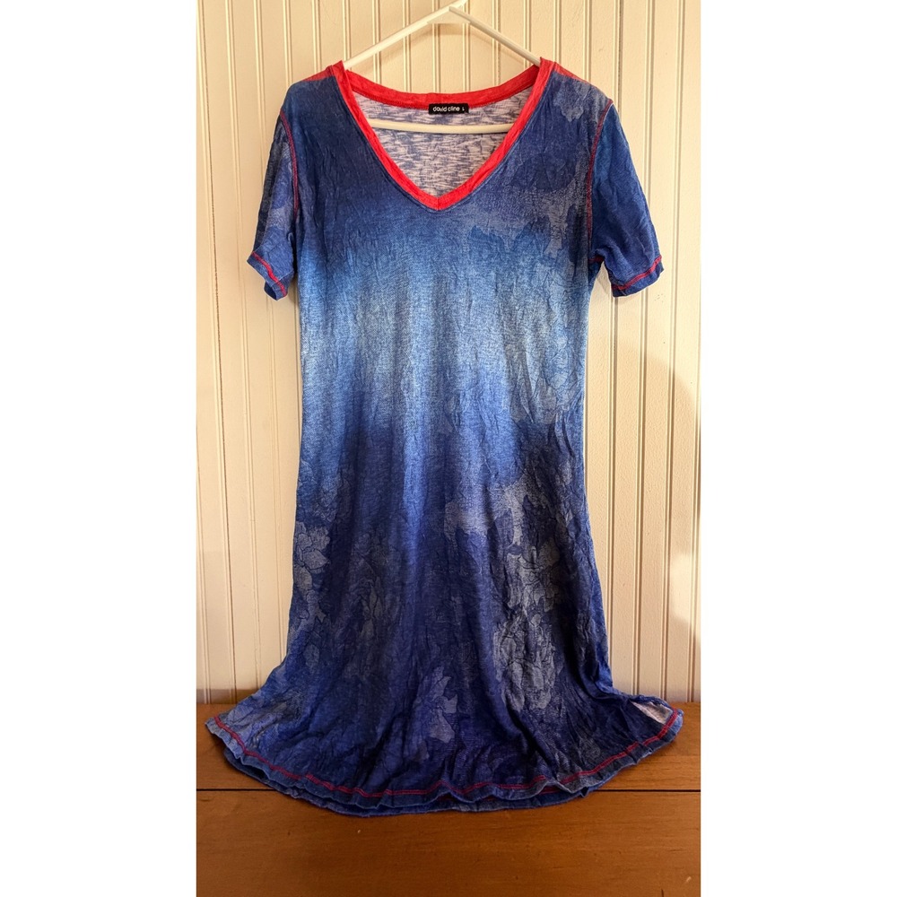 David Cline Blue Ombre Floral V-Neck Short Sleeve Dress Red Trim Size L 4427